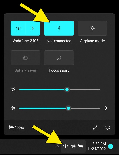 Network settings with Bluetooth button via the network icon in the taskbar.