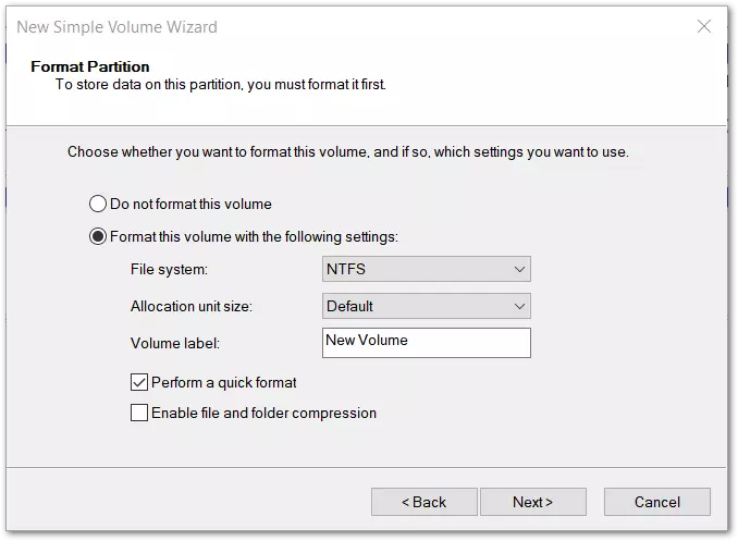 Windows 10: Formatting partitions in the wizard