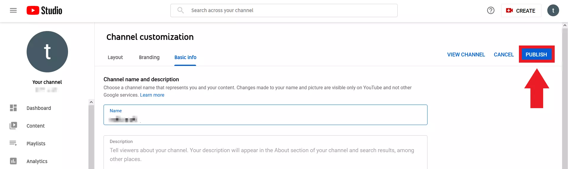 ‘Publish’ button in YouTube channel customisation