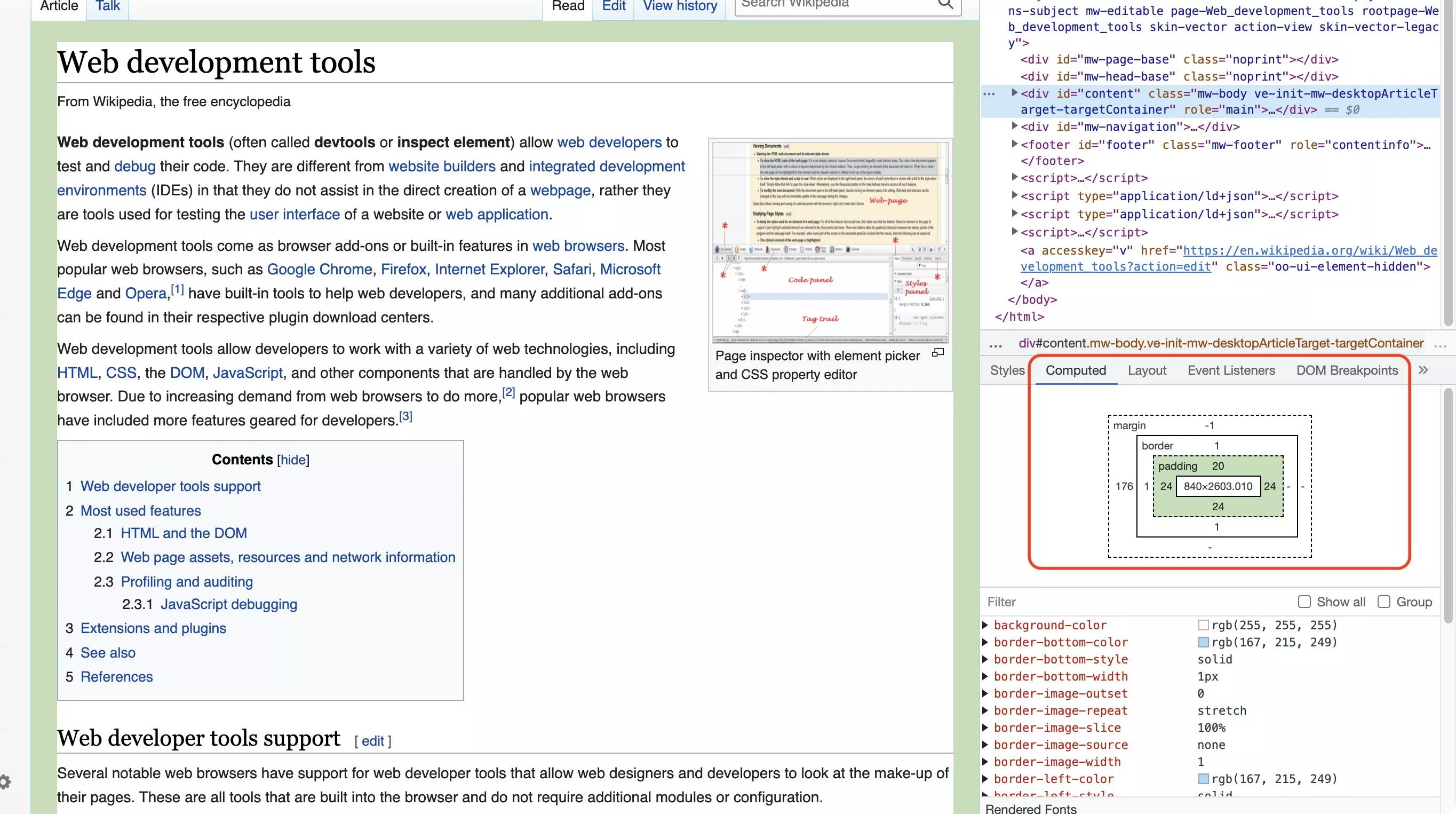 Calculated CSS properties of an inspected element