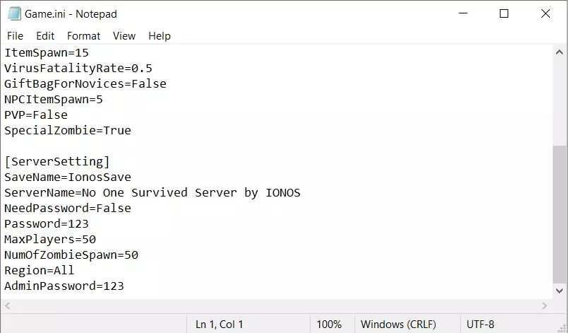 No One Survived: server configuration file Game.ini