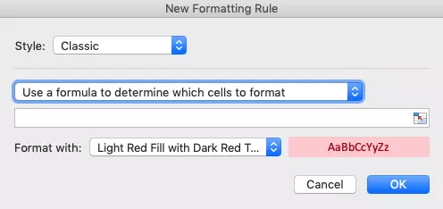 Excel dialogue “New Formatting Rule”