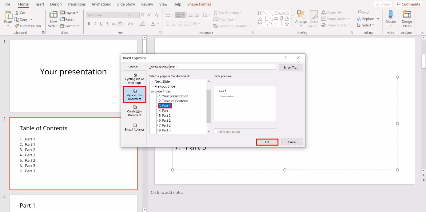 Linking a PowerPoint table of contents: “Insert Hyperlink” dialogue box