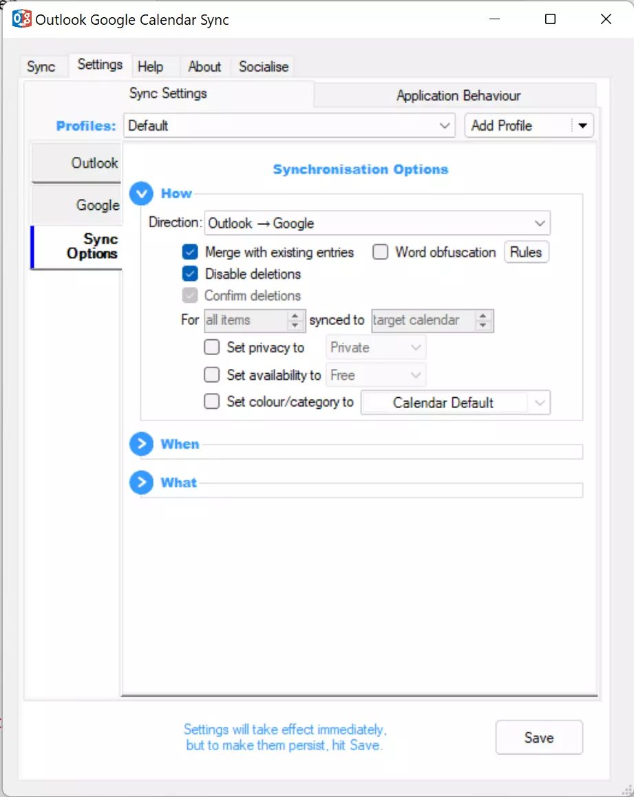 Outlook Google Calendar Sync: Sync options