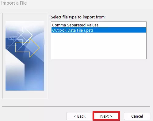 Outlook Import and Export Wizard: Importing a PST file