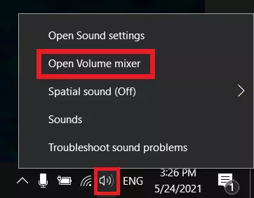 On Windows 10, right click on the speaker to open the settings and go to ‘Open Volume mixer’