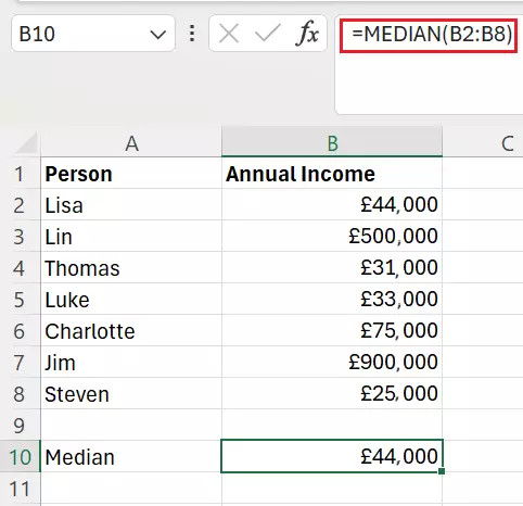 Excel: Calculate median with odd number of values