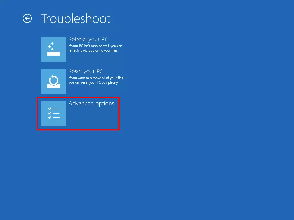 Windows 8 system recovery: troubleshoot with options