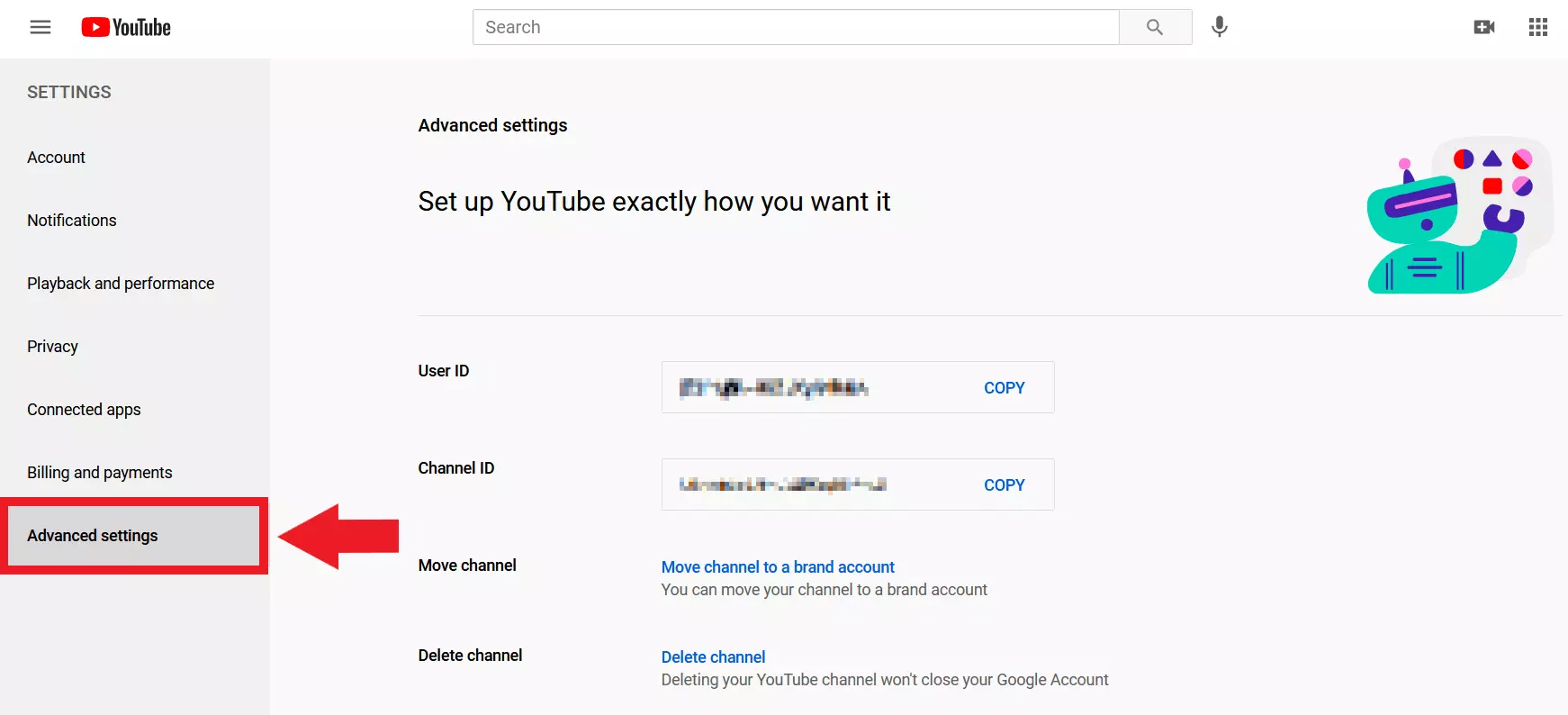 ‘Advanced Settings’ in YouTube menu