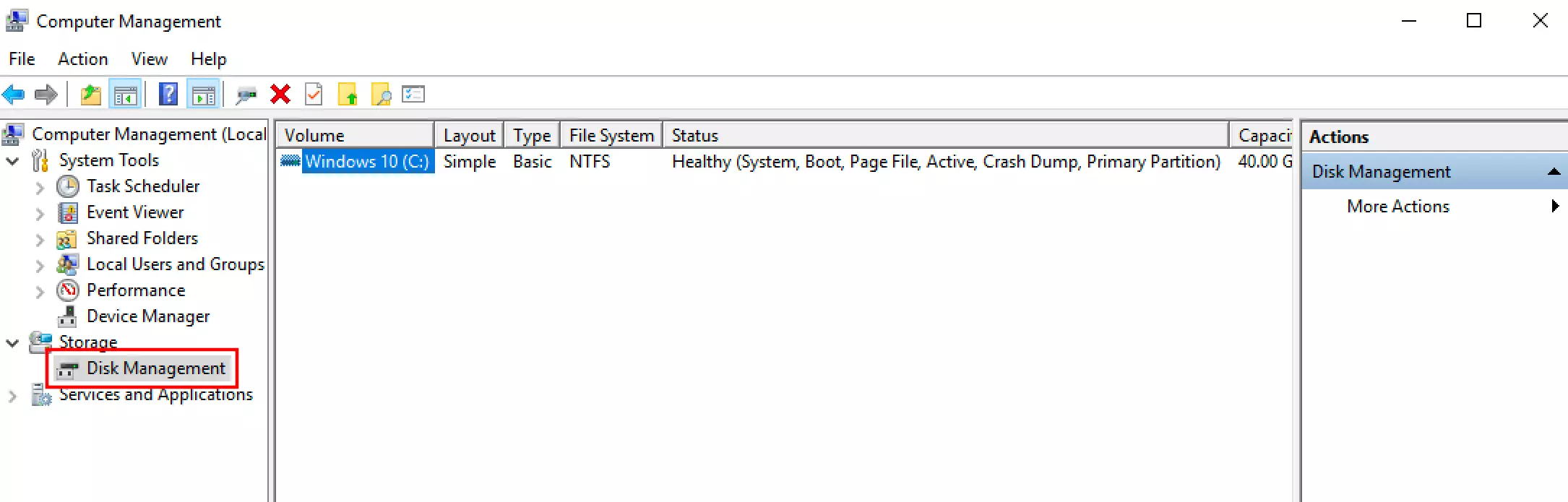 Disk Management in the Windows 10 Computer Management