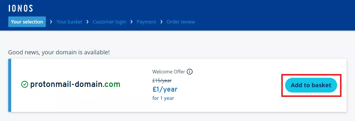 ‘Your domain is available’ notification in the IONOS shop