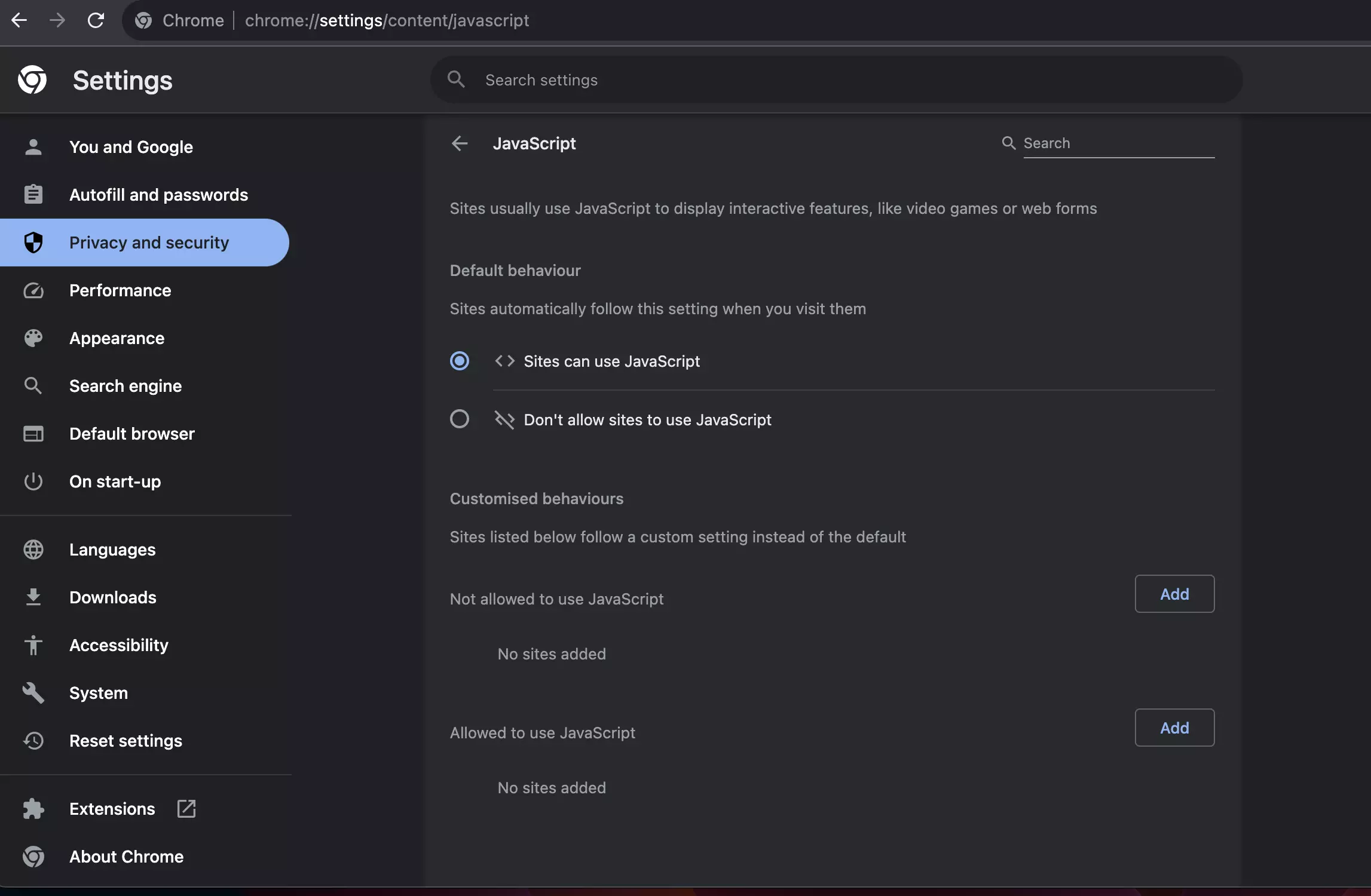 Screenshot of the privacy and security settings in Chrome