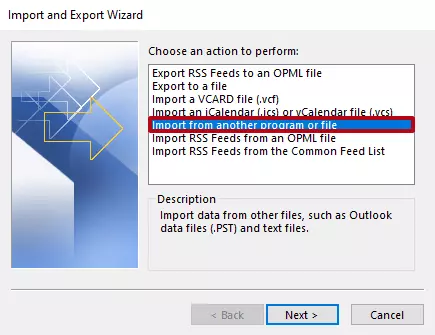 Outlook Import/Export assistant: ‘Import from another program or file’