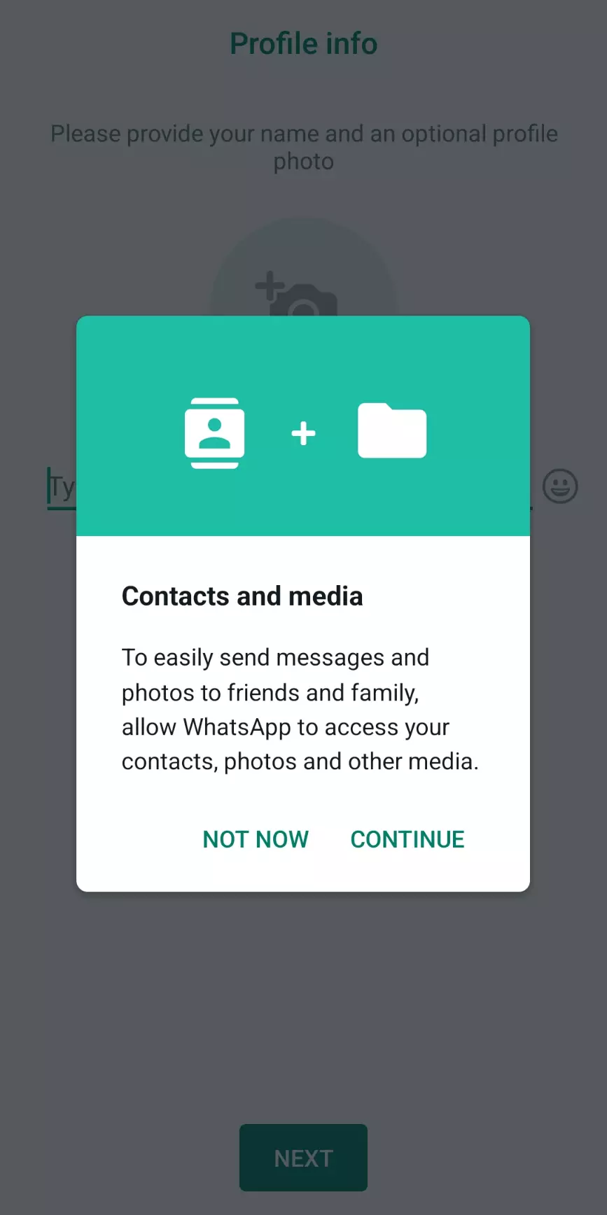 WhatsApp popup message for sharing contacts and media