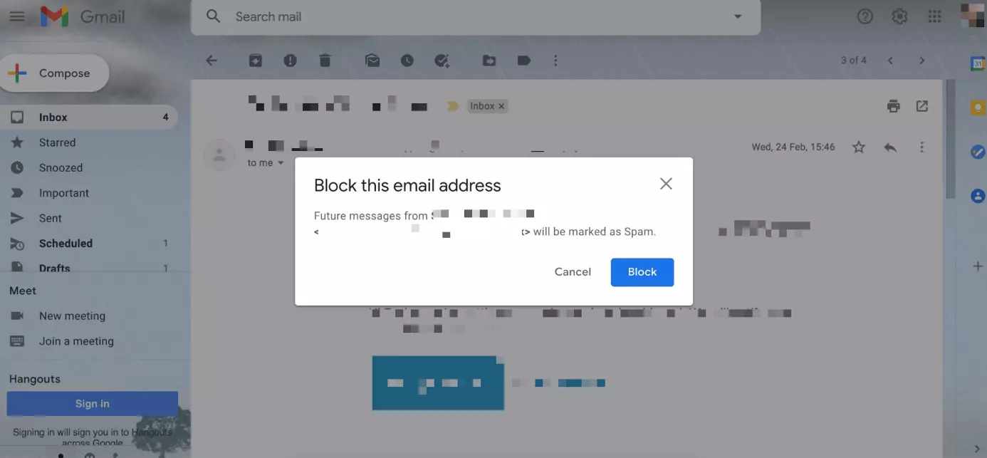 Gmail: ‘Block this email address’ dialogue