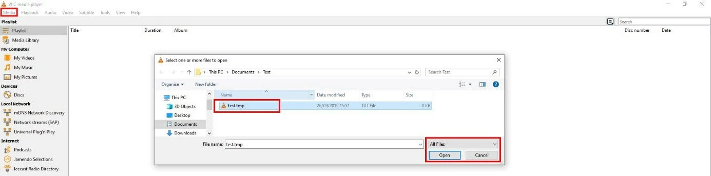 Open a TMP file with VLC Media Player