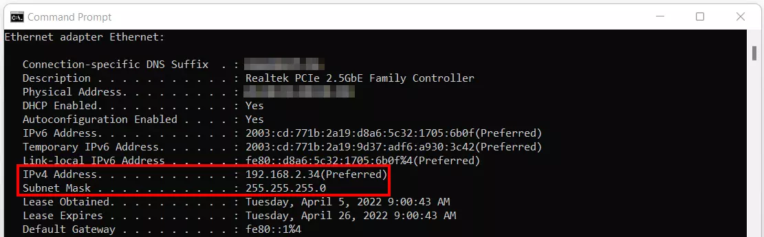 Windows 11 prompt: Output for ‘ipconfig /all’