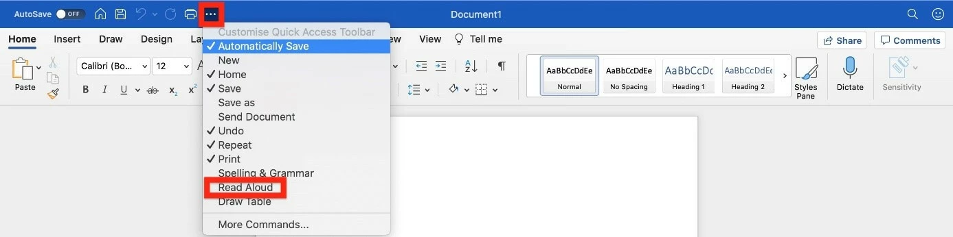 Word’s Quick Access Toolbar with ‘Read Aloud’ added