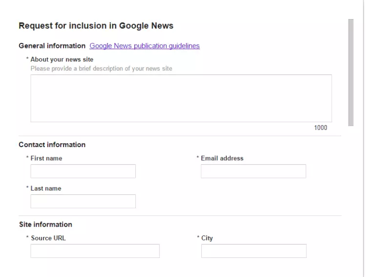 Registration form for Google News - Part 1