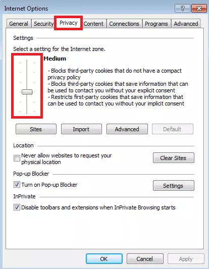 Internet Explorer: enable cookies