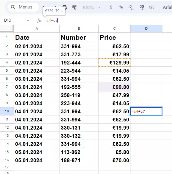 Screenshot of a formula in the edit line