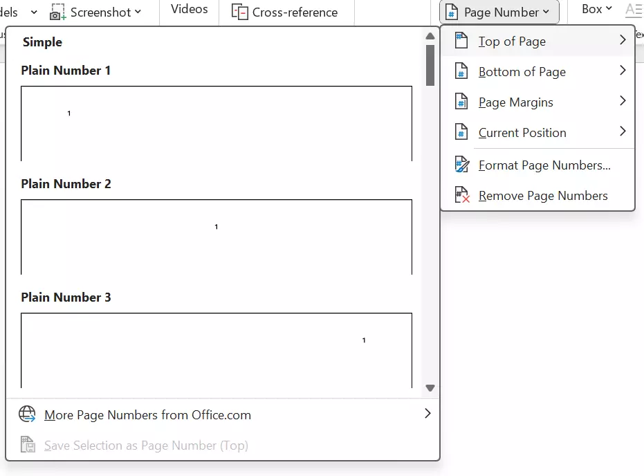 Set position and alignment for page numbers in Word