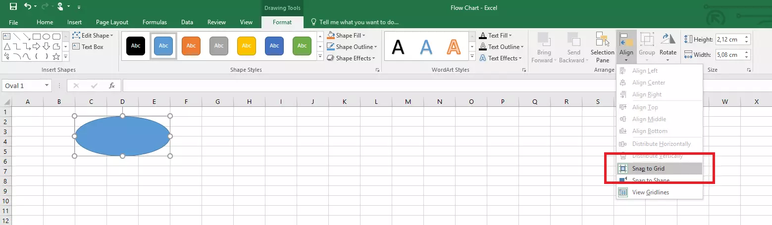 Drop-down menu for the 'Snap to grid' feature in Excel