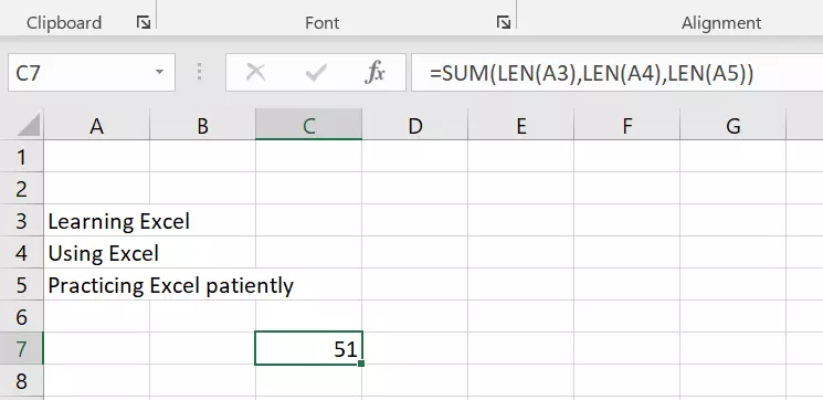 Excel LEN and SUM functions combined