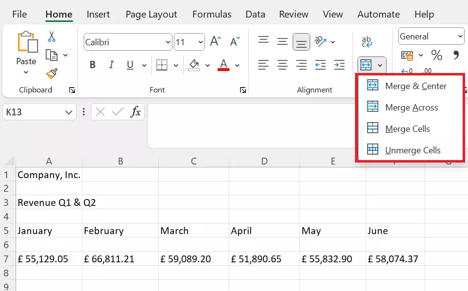 Combine cells in Excel using ‘Merge & Center’