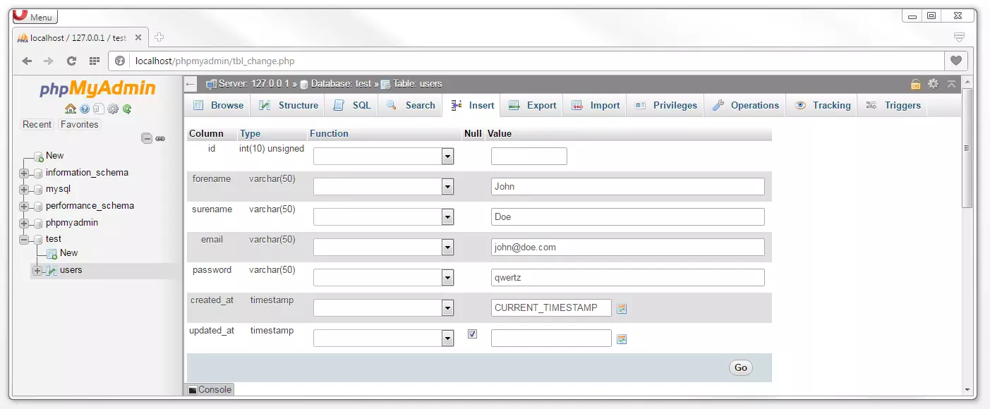 phpMyAdmin: Input screen for example data