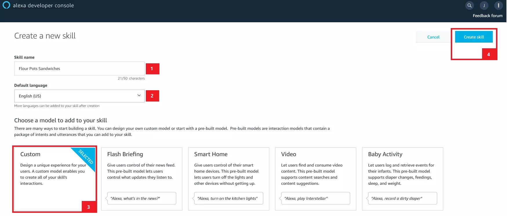 Alexa Developer Console: configuration dialogue for creating a new Alexa Skill