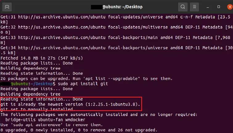 Terminal view after installation of Git on Ubuntu 20.04