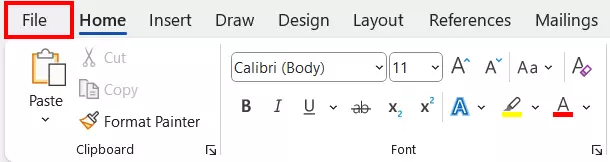 Word’s menu ribbon with the ‘File’ option