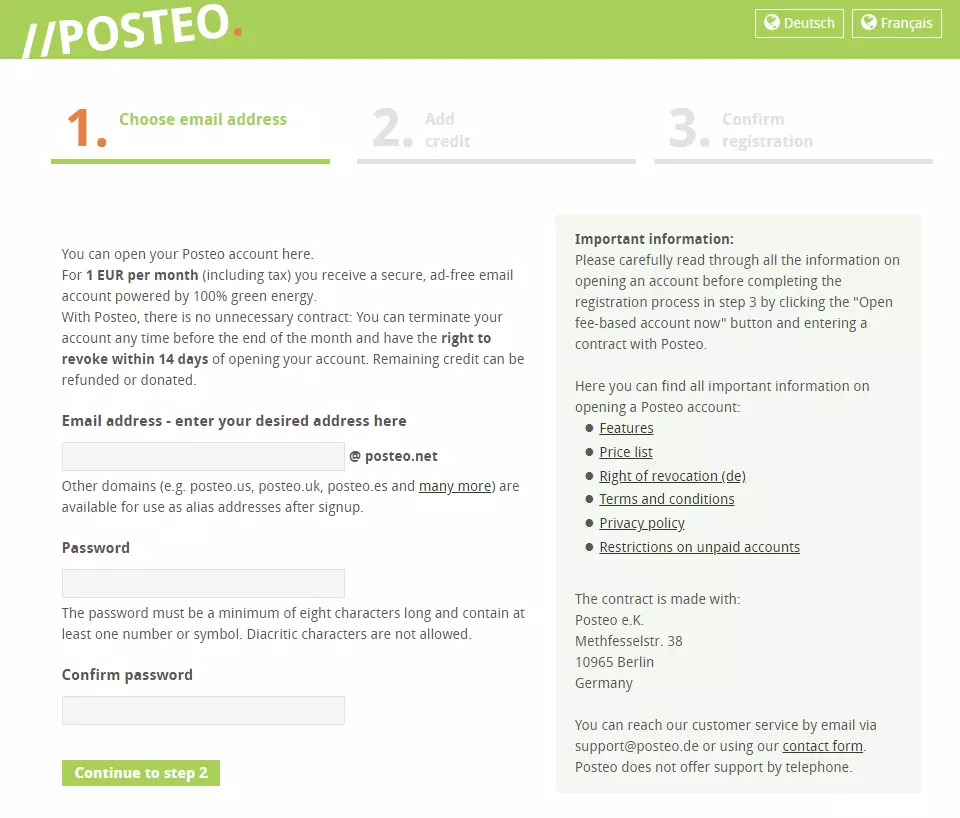 User interface for setting up an e-mail account with Posteo