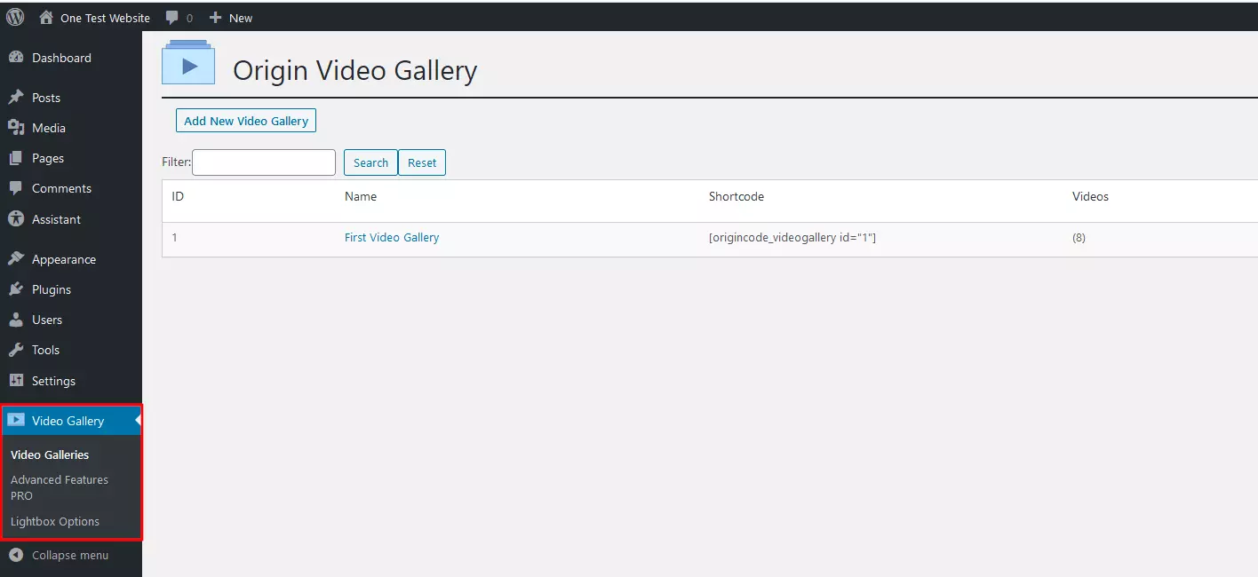 ‘Video Gallery’ menu in WordPress