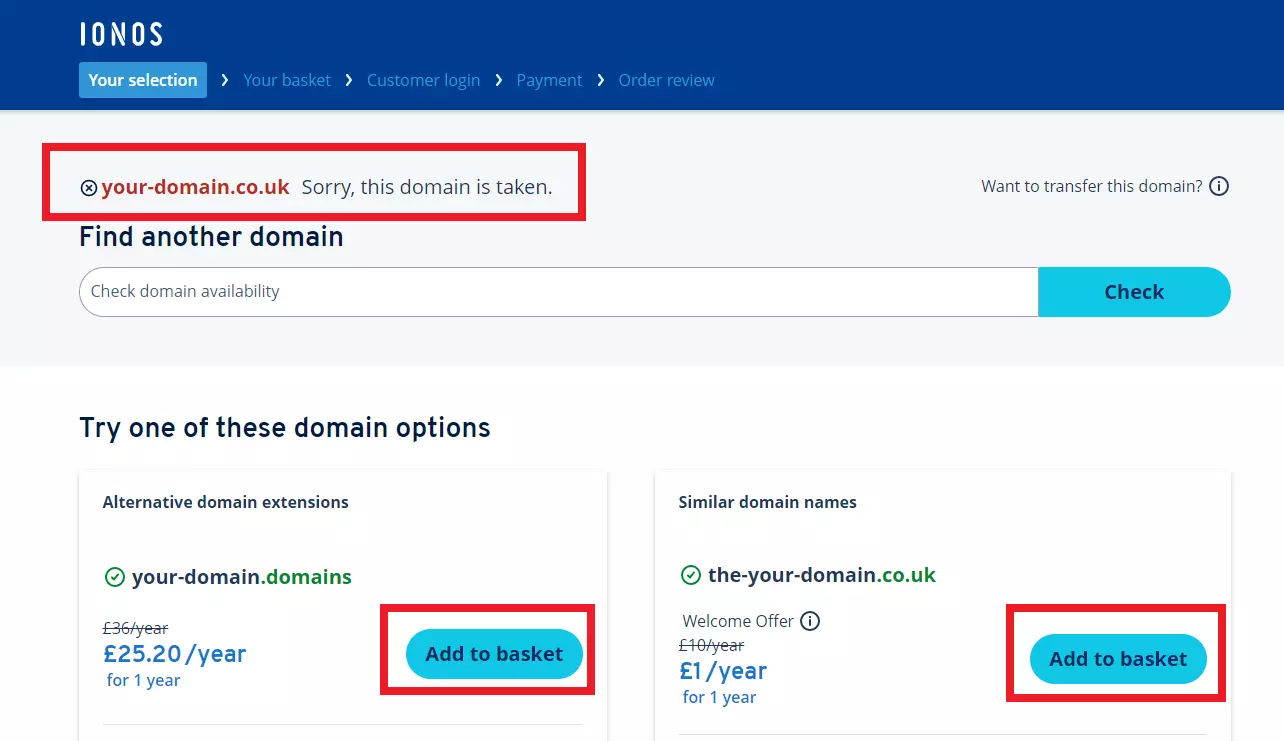 IONOS domain finder: alternative suggestions for already registered domains