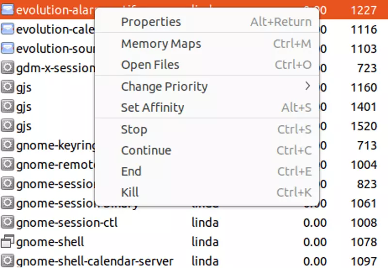 Screenshot of drop-down menu in task manager