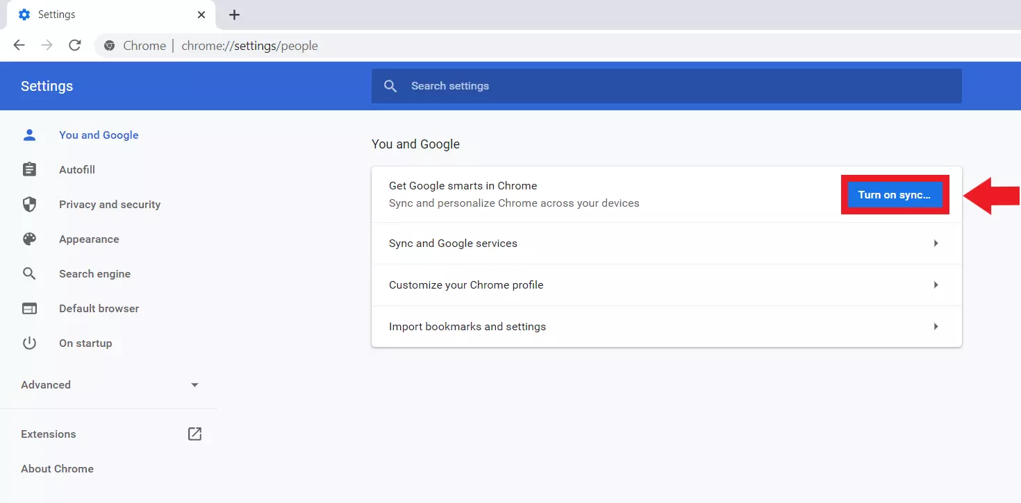 Google Chrome: ‘You and Google’ menu, ‘Turn on sync…’ option