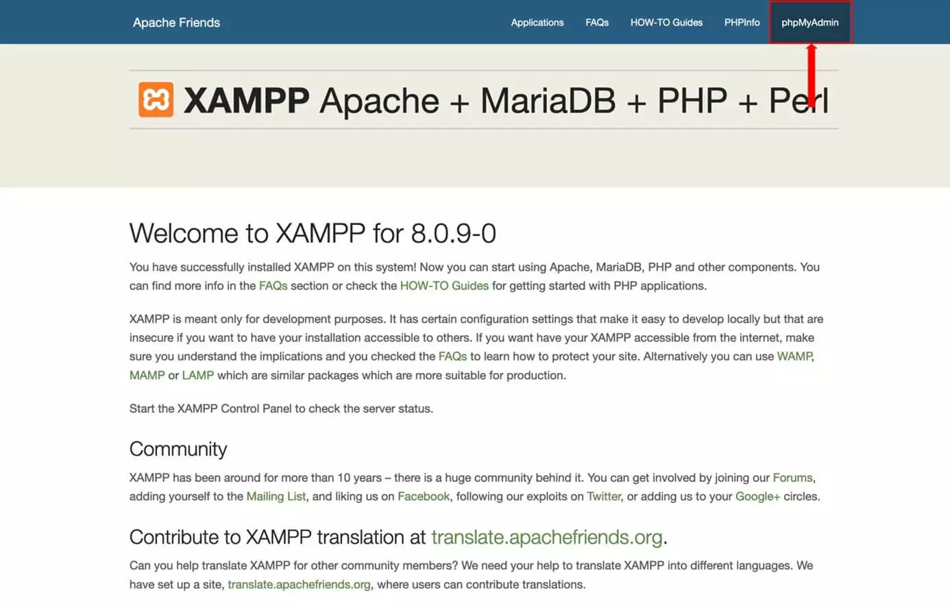 XAMPP page with menu item ‘phpMyAdmin’