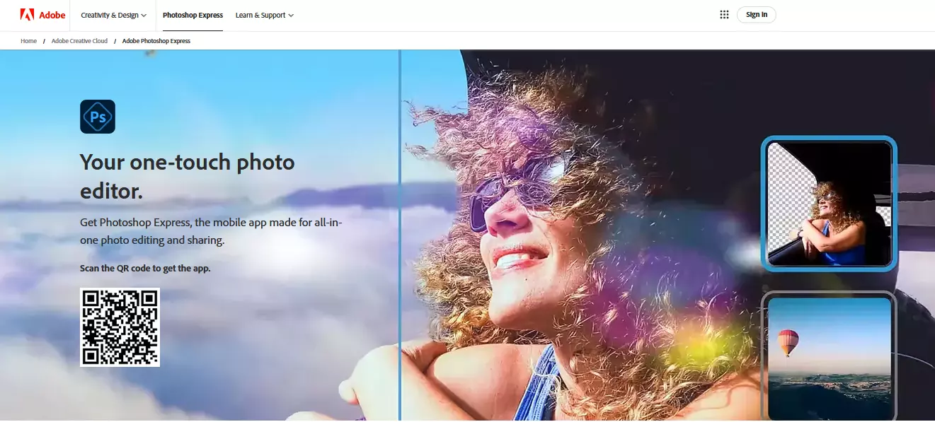 Screenshot of Photoshop Express page on Adobe’s website