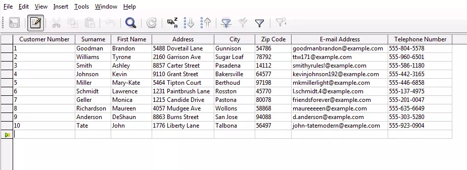 Exemplary customer database in LibreOffice Base