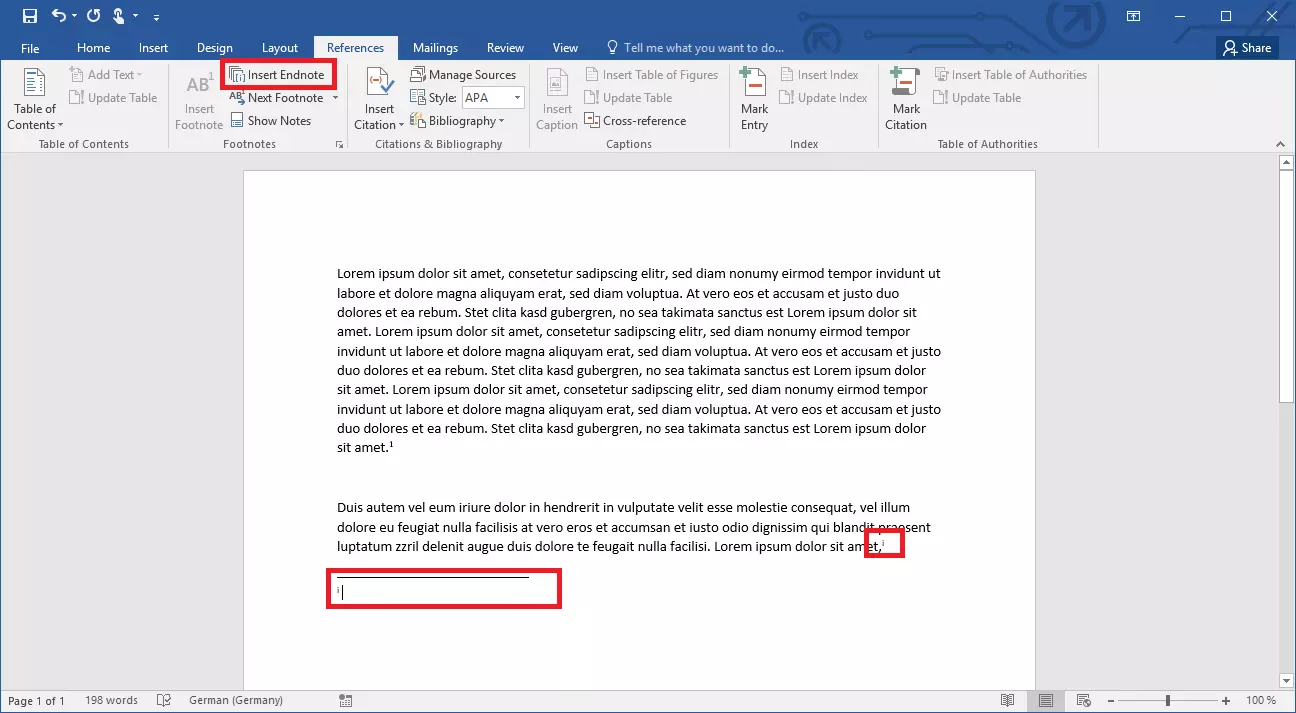 Inserting an endnote in Word 2019