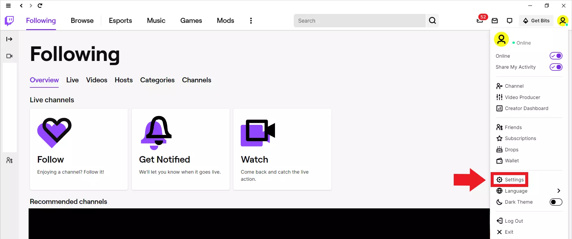 menu below profile picture in the Twitch desktop app