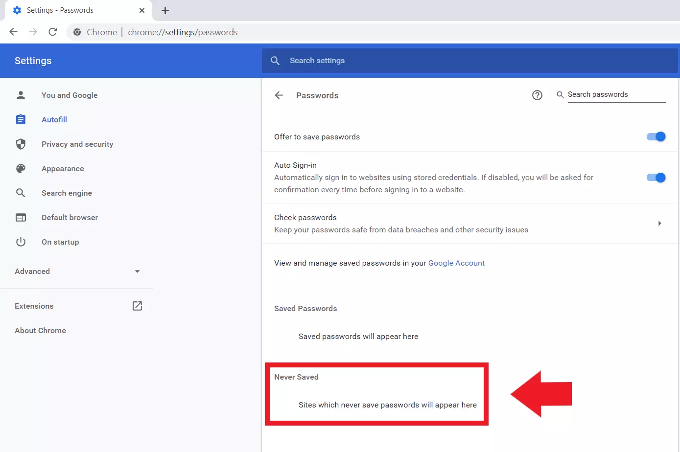 Google Chrome: ‘Passwords’ menu, ‘Never Saved’ option