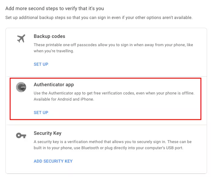 Google account, select Authenticator app