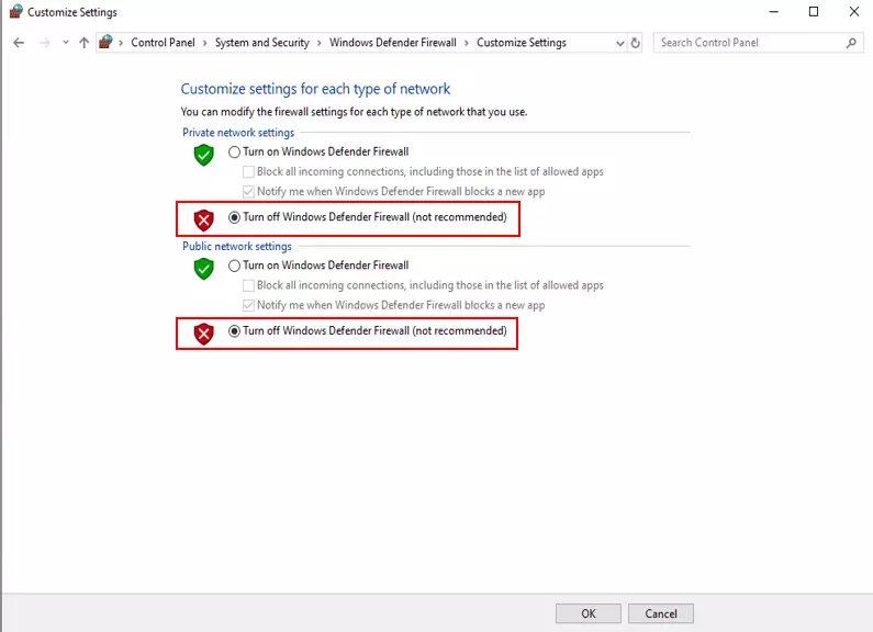 Options for disabling the firewall in Windows 10