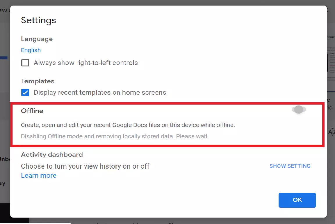 Slider to enable offline use of Google Docs