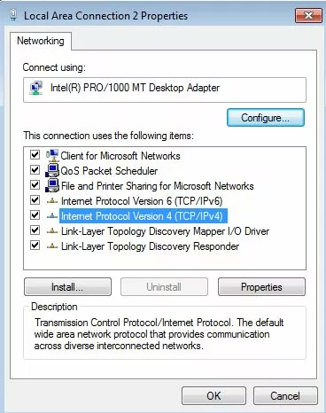 Windows 7 LAN connection: IPv4 settings in the ‘Properties’ menu