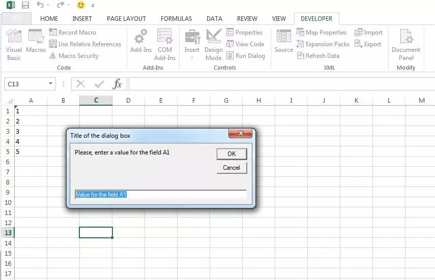 Macro-generated example dialogue box for data input in Excel