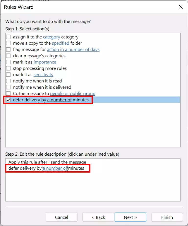 Rules Wizard option: Defer delivery by a number of minutes